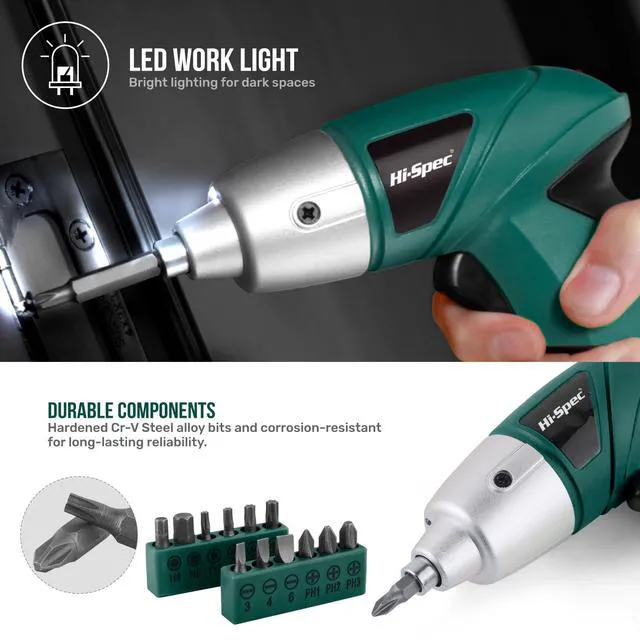 Alt view image 4 of 7 - 3.6V USB Electric Screwdriver for Home Repairs and Assembly, Green | 19pc, fast assembly help, common screw bit selection, LED visibility, compact grip, quick household fixes, organized storage