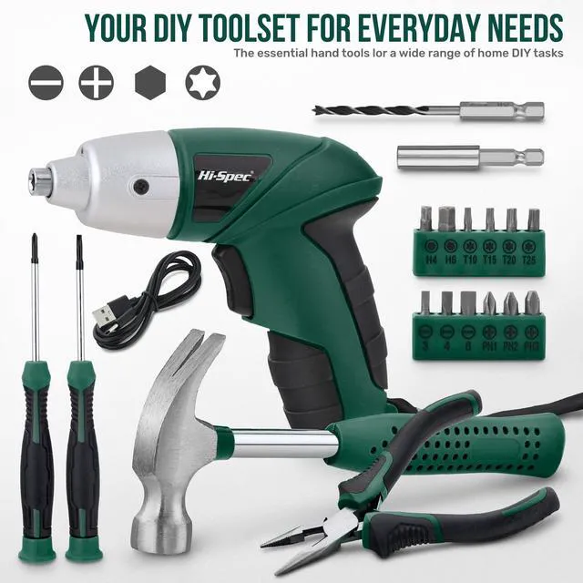 Alt view image 2 of 7 - 3.6V USB Electric Screwdriver for Home Repairs and Assembly, Green | 19pc, fast assembly help, common screw bit selection, LED visibility, compact grip, quick household fixes, organized storage