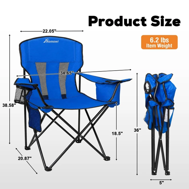 Alt view image 3 of 7 - Camping Chairs for Adults 2 Pack, Folding Chair with 4-Can Cooler Bag & Cup Holder, Portable Heavy Duty Outdoor Chair with Mesh Back for Camping, Beach, Lawn, Fishing, Blue
