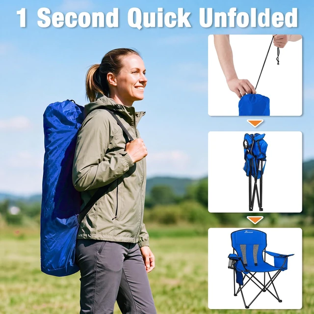 Alt view image 4 of 7 - Camping Chairs for Adults 2 Pack, Folding Chair with 4-Can Cooler Bag & Cup Holder, Portable Heavy Duty Outdoor Chair with Mesh Back for Camping, Beach, Lawn, Fishing, Blue
