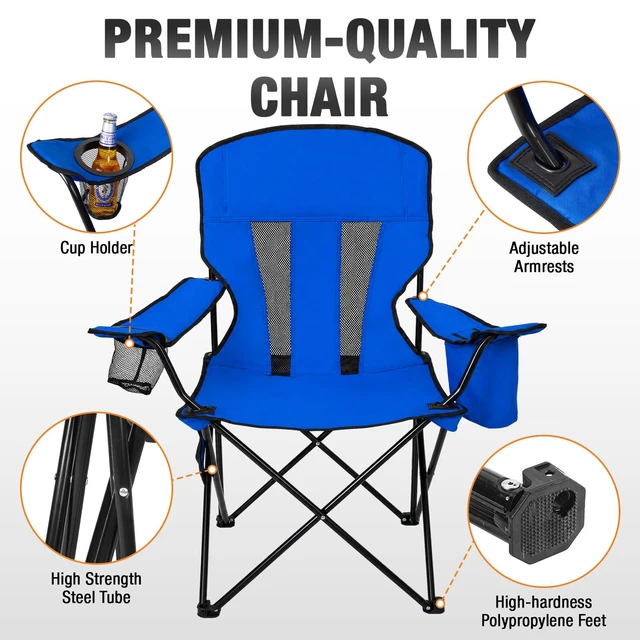 Alt view image 7 of 7 - Camping Chairs for Adults 2 Pack, Folding Chair with 4-Can Cooler Bag & Cup Holder, Portable Heavy Duty Outdoor Chair with Mesh Back for Camping, Beach, Lawn, Fishing, Blue