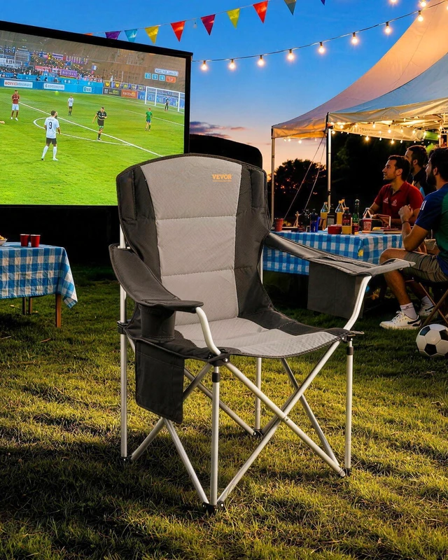 Alt view image 2 of 7 - Oversized Camping Folding Chair, Portable Heavy Duty Outdoor Quad Lumbar Back Padded with Side Pockets, Cup Holder and Cooler Bag for Beach, Lawn, Picnic, Fishing, Backpacking, Black