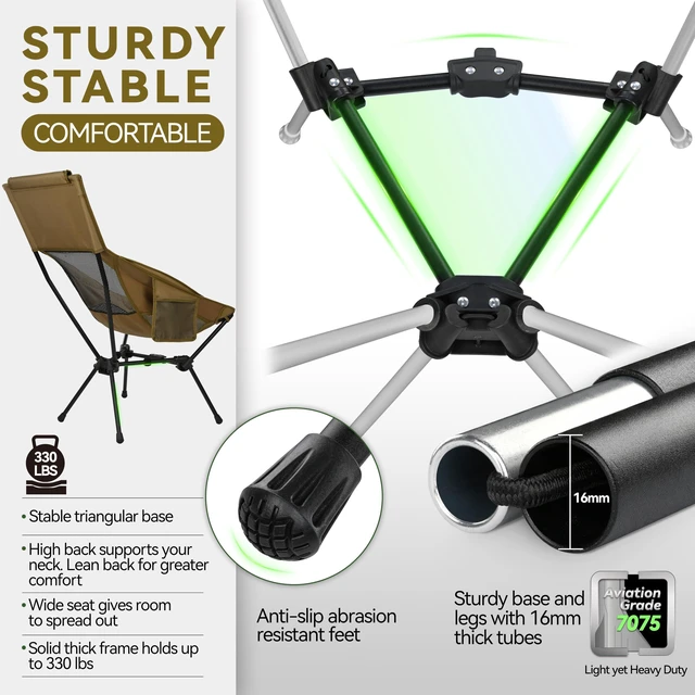 Alt view image 2 of 7 - Lightweight Folding High Back Camping Chair with Head Support, Stable Portable Compact for Outdoor Camp, Travel, Beach, Picnic, Festival, Hiking, Backpacking (Highback Khaki)