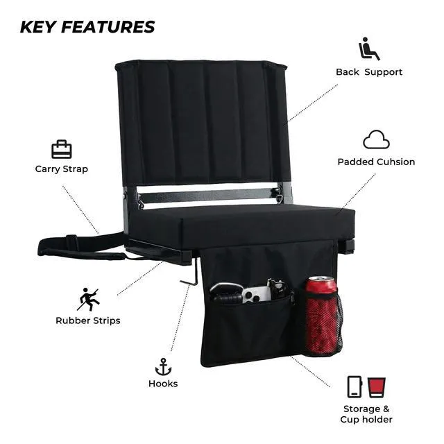 Alt view image 2 of 7 - Stadium Seats with Back Support Folding Chair for Bleachers | 2.8" Thick Padded Bleacher Chairs, Folding Portable Stadium Seat with Anti-Tip Hooks, Back Support & Shoulder Strap