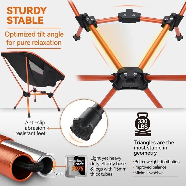 Alt view image 2 of 7 - Lightweight Folding Camping Chair, Portable Foldable Compact for Outdoor Camp, Travel, Beach, Picnic, Festival, Hiking, Backpacking, Supports 330Lbs (Orange)