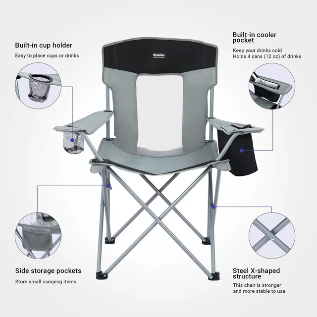Alt view image 4 of 7 - Folding Camping Chairs, Portable Lightweight Lawn Camp Chair, Gray | for Adults, with Drink Holder and Cooler Pouch, High-Back Design, No Assembly Required, Outdoor for Camping, Picnic, Sports