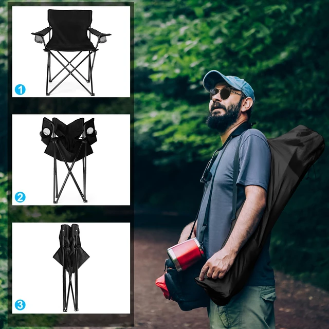Alt view image 6 of 7 - Large Camping Chairs for Adults, Black Folding Beach Chair Set of 2 | 600D Oxford Fabric, Support 250LB, Black Carrying Bag, Portable for Lawn Backyard Fishing Hiking Picnic Tailgating Sporting
