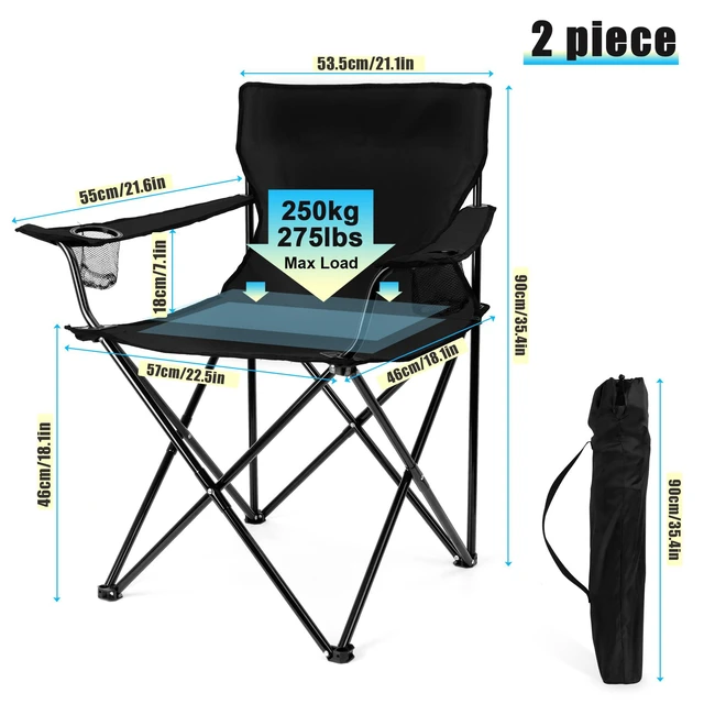 Alt view image 3 of 7 - Large Camping Chairs for Adults, Black Folding Beach Chair Set of 2 | 600D Oxford Fabric, Support 250LB, Black Carrying Bag, Portable for Lawn Backyard Fishing Hiking Picnic Tailgating Sporting