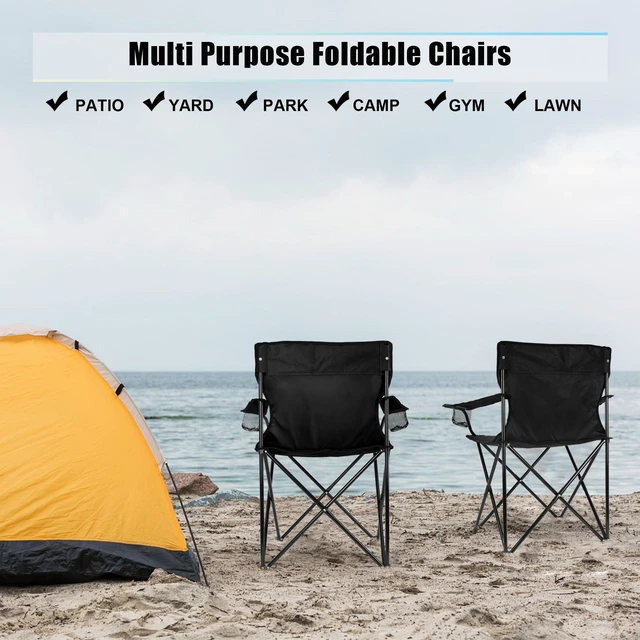 Alt view image 7 of 7 - Large Camping Chairs for Adults, Black Folding Beach Chair Set of 2 | 600D Oxford Fabric, Support 250LB, Black Carrying Bag, Portable for Lawn Backyard Fishing Hiking Picnic Tailgating Sporting