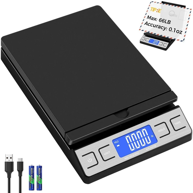 Main image of Shipping Scale,High Accuracy 0.1oz,Digital Postal Scale,Mail Scale Featuring Envelope Flip Holder,Tare/Hold,Type-C/Battery,Shipping Scale for Packages Small Business Post Office,66lb-Black