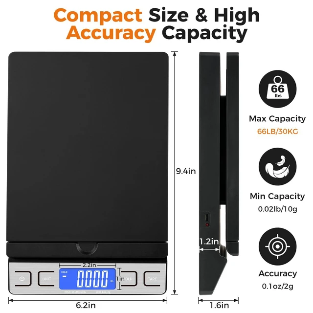 Alt view image 3 of 7 - Shipping Scale,High Accuracy 0.1oz,Digital Postal Scale,Mail Scale Featuring Envelope Flip Holder,Tare/Hold,Type-C/Battery,Shipping Scale for Packages Small Business Post Office,66lb-Black