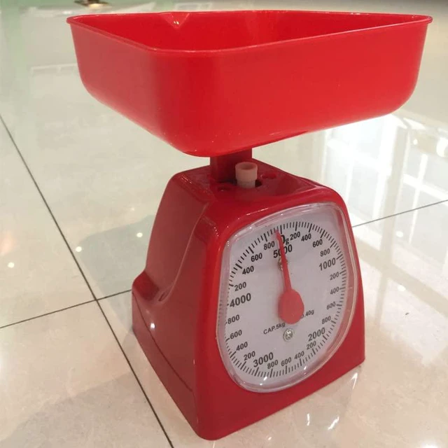 Alt view image 7 of 7 - Mechanical Kitchen Scale - Diet Food Scale - with Pounds & Kilogram Measurements - Measuring Range 5000g Accuracy 5g with Tray Red