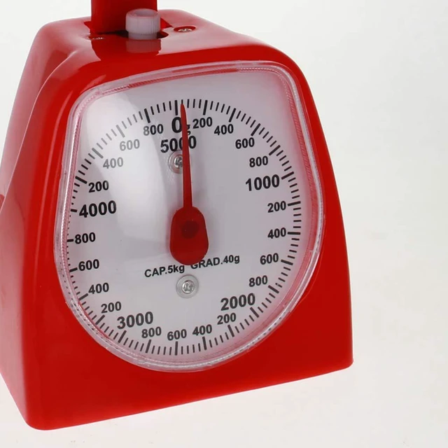 Alt view image 3 of 7 - Mechanical Kitchen Scale - Diet Food Scale - with Pounds & Kilogram Measurements - Measuring Range 5000g Accuracy 5g with Tray Red