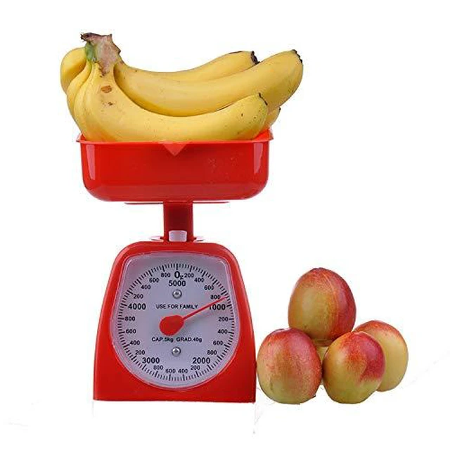 Alt view image 5 of 7 - Mechanical Kitchen Scale - Diet Food Scale - with Pounds & Kilogram Measurements - Measuring Range 5000g Accuracy 5g with Tray Red