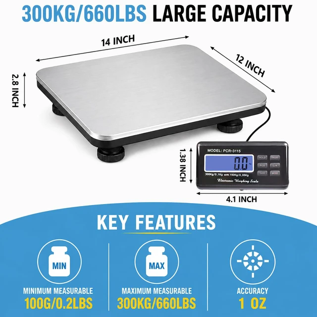 Alt view image 2 of 7 - Heavy Duty Shipping Scale 660lbs, 14"X12" Stainless Platform | Tare/Count/Hold, 2 Selectable Capacity, Easy Read LCD display, 4 Units, Portable Design For Packages, Business & Warehouse