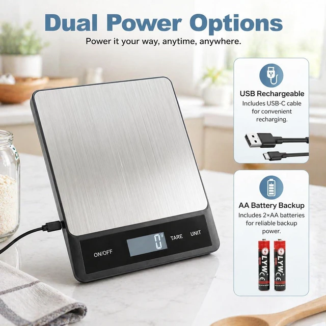 Alt view image 2 of 7 - 33LB/15KG Digital Kitchen Scale, USB Rechargeable Stainless Steel | 1g precision food scale with tare, 6 units and easy-clean platform for cooking, baking, meal prep and portion control