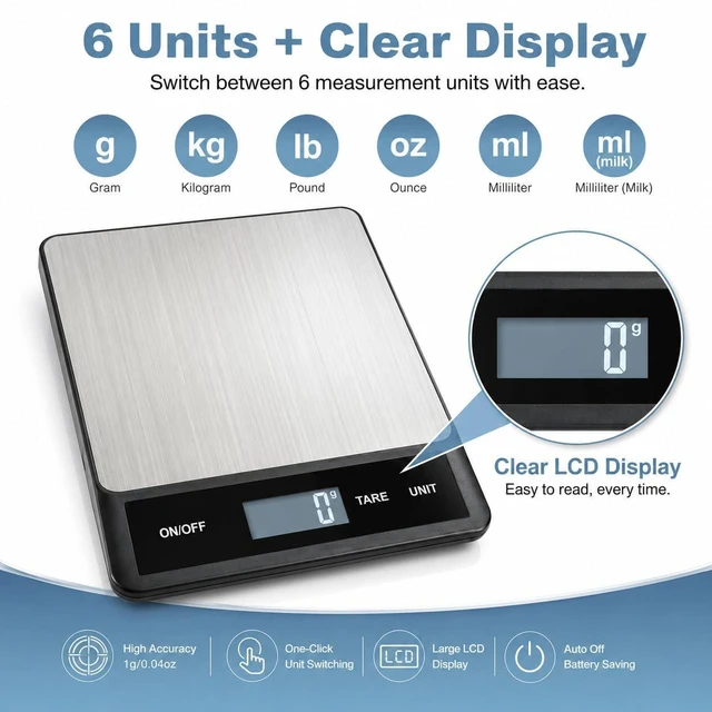 Alt view image 4 of 7 - 33LB/15KG Digital Kitchen Scale, USB Rechargeable Stainless Steel | 1g precision food scale with tare, 6 units and easy-clean platform for cooking, baking, meal prep and portion control