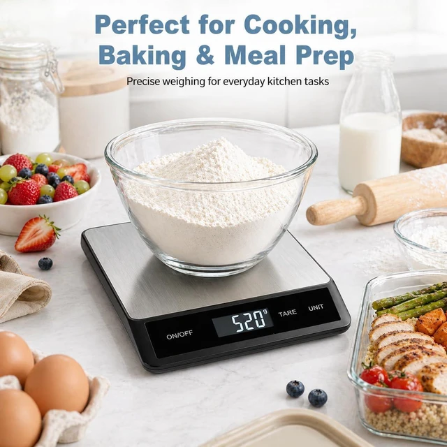 Alt view image 6 of 7 - 33LB/15KG Digital Kitchen Scale, USB Rechargeable Stainless Steel | 1g precision food scale with tare, 6 units and easy-clean platform for cooking, baking, meal prep and portion control