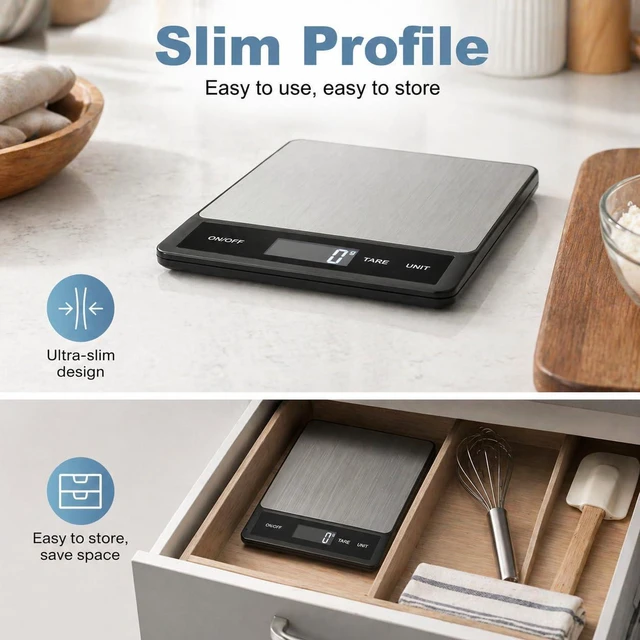 Alt view image 7 of 7 - 33LB/15KG Digital Kitchen Scale, USB Rechargeable Stainless Steel | 1g precision food scale with tare, 6 units and easy-clean platform for cooking, baking, meal prep and portion control