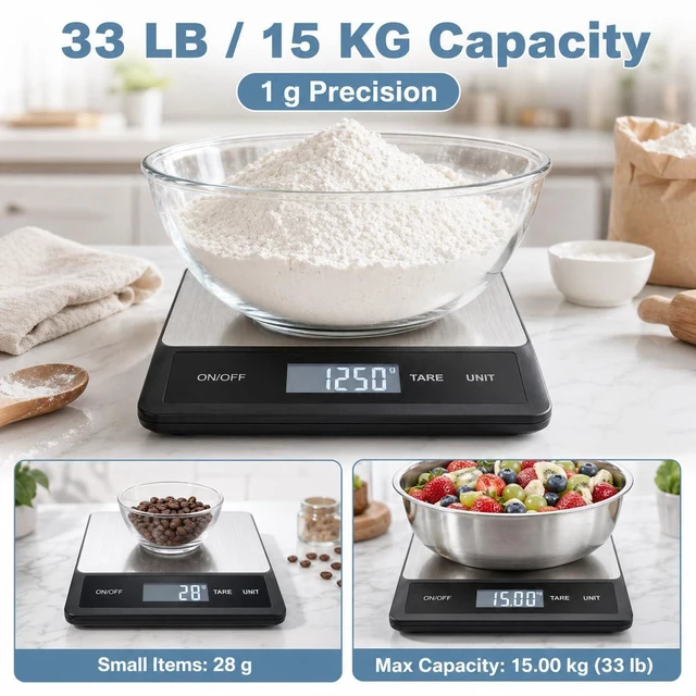 Alt view image 3 of 7 - 33LB/15KG Digital Kitchen Scale, USB Rechargeable Stainless Steel | 1g precision food scale with tare, 6 units and easy-clean platform for cooking, baking, meal prep and portion control
