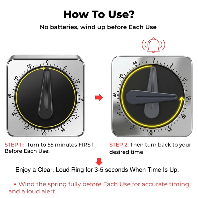 Alt view image 2 of 7 - Kitchen Timers for Cooking, Mechanical Wind-Up Timer, Magnetic | Battery-free 60-minute countdown with a clear ring and simple manual operation for baking, eggs, coffee
