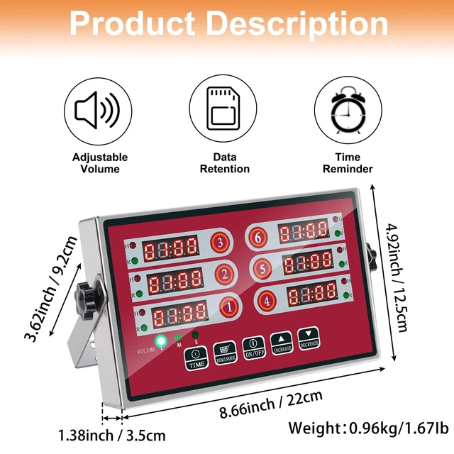 Alt view image 3 of 7 - Commercial 6 Channel Digital Kitchen Timer Loud Alarm Cook Timer | 6 Independent Channels, Stainless Steel Body, Loud Adjustable Alarm & Clear LED Display for Restaurant & Bakery Use