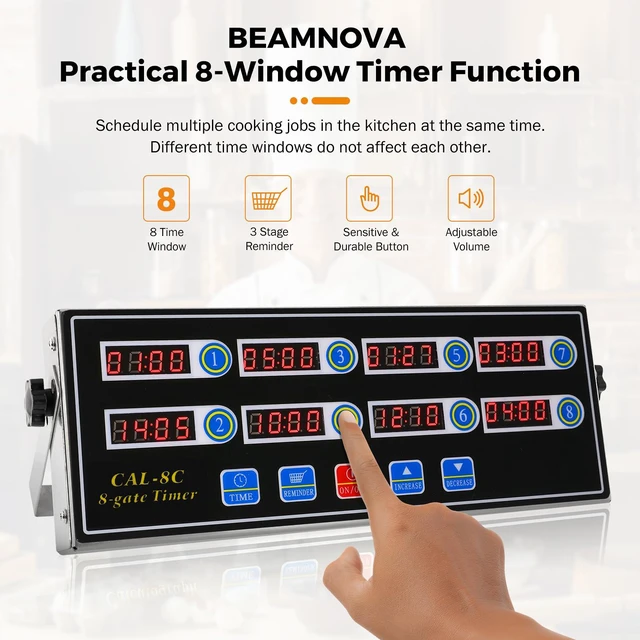 Alt view image 2 of 7 - 8-Channel Digital Kitchen Timer, Commercial Timer for Restaurant | Countdown Food Timer for Cooking, Fryer Timing Reminder, Adjustable Loud Alarm, Stainless Steel Waterproof Button Control