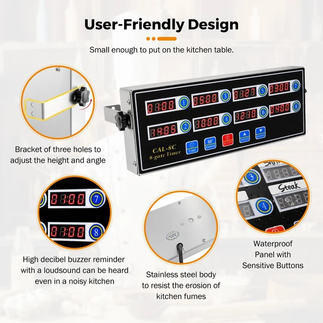 Alt view image 5 of 7 - 8-Channel Digital Kitchen Timer, Commercial Timer for Restaurant | Countdown Food Timer for Cooking, Fryer Timing Reminder, Adjustable Loud Alarm, Stainless Steel Waterproof Button Control