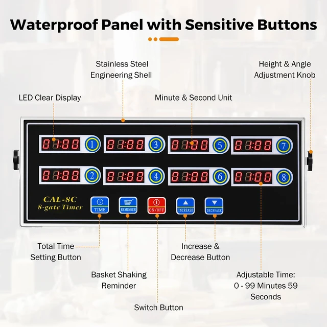 Alt view image 6 of 7 - 8-Channel Digital Kitchen Timer, Commercial Timer for Restaurant | Countdown Food Timer for Cooking, Fryer Timing Reminder, Adjustable Loud Alarm, Stainless Steel Waterproof Button Control