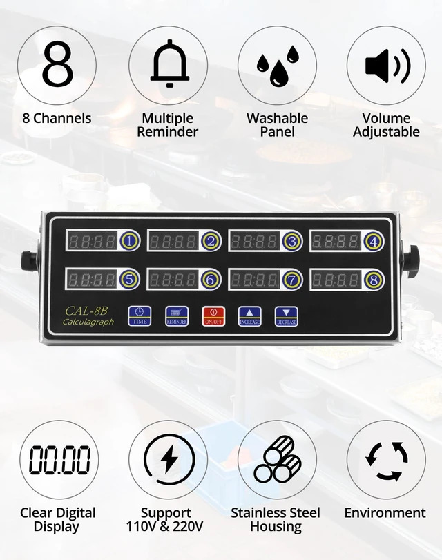 Alt view image 2 of 7 - Digital Kitchen Timer - 8-Channel Multi-Timer with Waterproof Panel, Adjustable Volume
