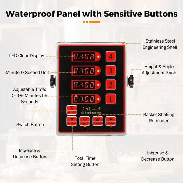 Alt view image 6 of 7 - 4-Channel Kitchen Timer for Restaurant Digital Cooking Timer | Adjustable Loud Alarm, Commercial Countdown Food Timer, Fryer Timing Reminder, Stainless Steel Waterproof Button Control