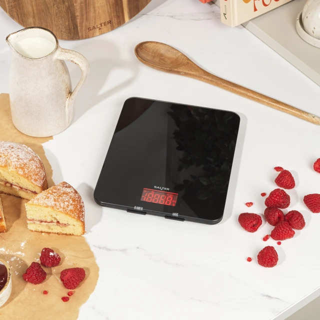 Alt view image 4 of 7 - 1150 BKDR Digital Kitchen Scales, Stylish Glass Design, Cooking Scale for Home/Kitchen, Measures Liquids & Fluids, Metric/Imperial, Add & Weigh Function, Red Easy Read Display, Black