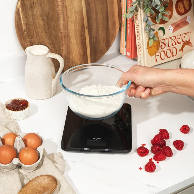 Alt view image 2 of 7 - 1150 BKDR Digital Kitchen Scales, Stylish Glass Design, Cooking Scale for Home/Kitchen, Measures Liquids & Fluids, Metric/Imperial, Add & Weigh Function, Red Easy Read Display, Black