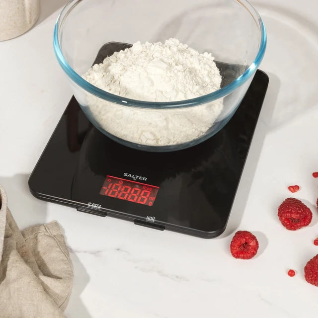 Alt view image 3 of 7 - 1150 BKDR Digital Kitchen Scales, Stylish Glass Design, Cooking Scale for Home/Kitchen, Measures Liquids & Fluids, Metric/Imperial, Add & Weigh Function, Red Easy Read Display, Black