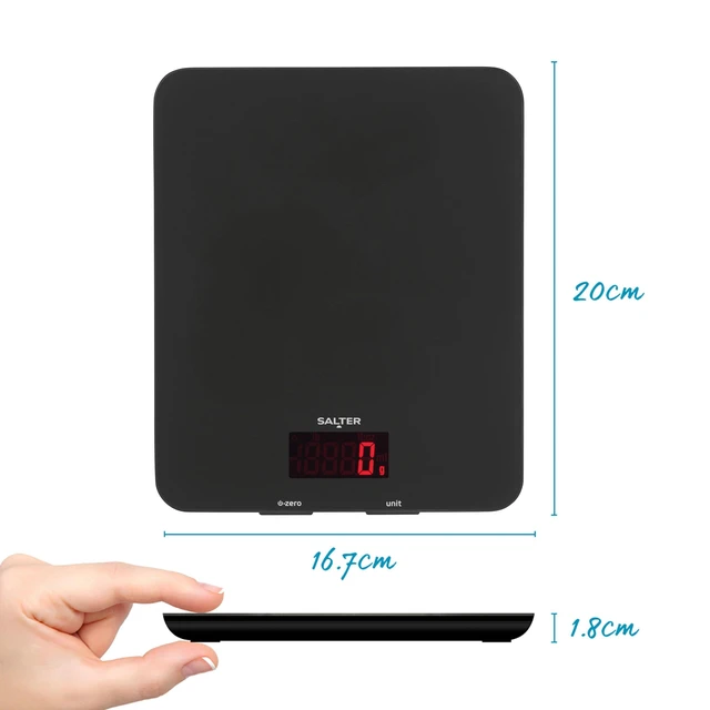 Alt view image 6 of 7 - 1150 BKDR Digital Kitchen Scales, Stylish Glass Design, Cooking Scale for Home/Kitchen, Measures Liquids & Fluids, Metric/Imperial, Add & Weigh Function, Red Easy Read Display, Black