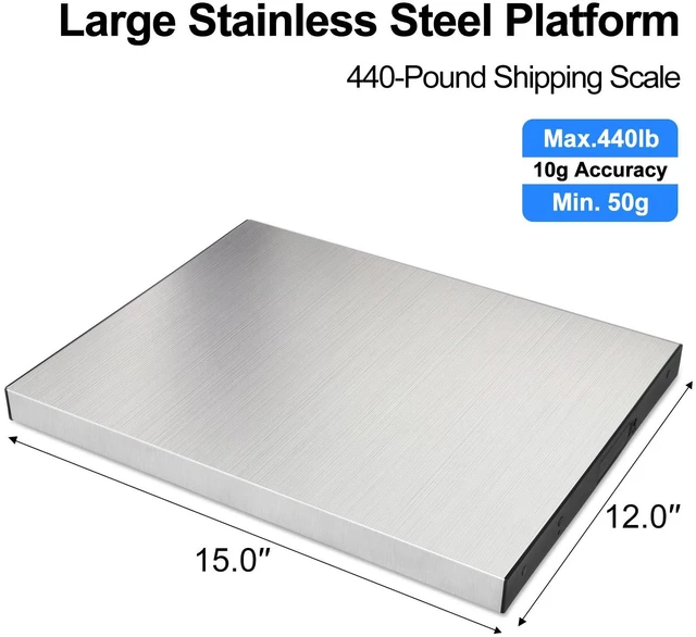 Alt view image 2 of 7 - 440lb Heavy Duty Digital Shipping Scale, 10g Wireless LCD | Stainless Steel Platform, Large Backlit LCD, Hold/Tare Function, USB & Battery Power for Packages, Luggage and Business Use
