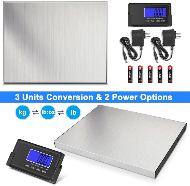 Alt view image 5 of 7 - 440lb Heavy Duty Digital Shipping Scale, 10g Wireless LCD | Stainless Steel Platform, Large Backlit LCD, Hold/Tare Function, USB & Battery Power for Packages, Luggage and Business Use