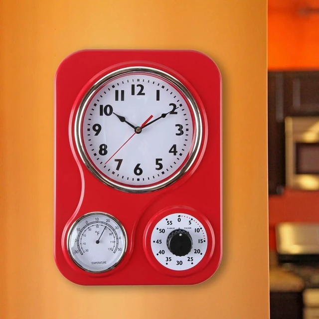 Alt view image 2 of 7 - - 9 Inch x 12.5 Inch - Retro Kitchen Wall Clock, Vintage Wall Clock with a Thermometer and 60-Minute Timer, Ideal for Any Kitchen, Office, or Diner (Red)