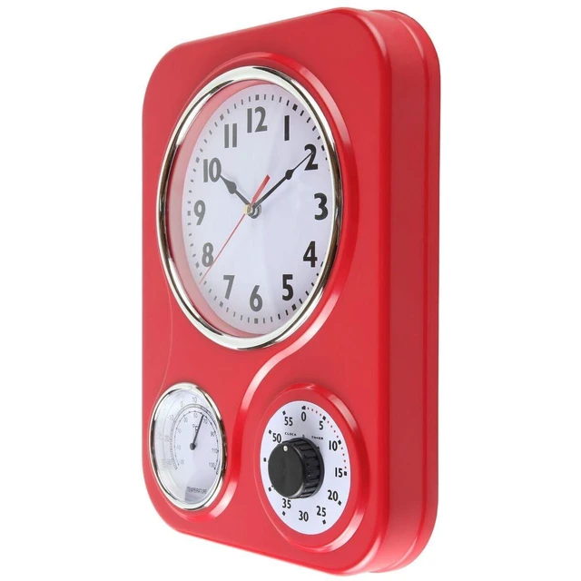 Alt view image 3 of 7 - - 9 Inch x 12.5 Inch - Retro Kitchen Wall Clock, Vintage Wall Clock with a Thermometer and 60-Minute Timer, Ideal for Any Kitchen, Office, or Diner (Red)