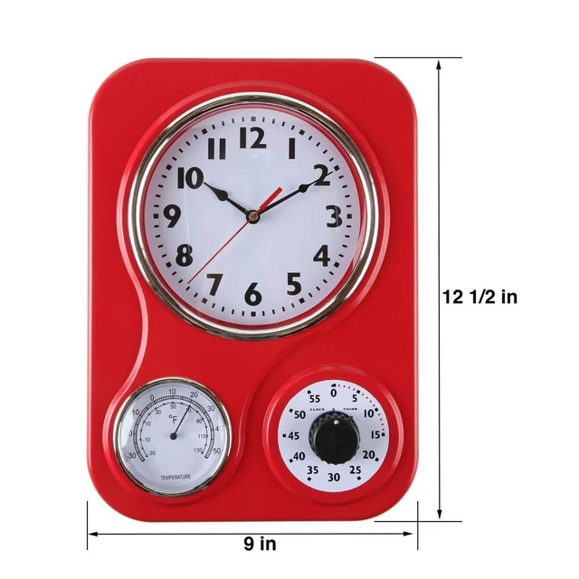 Alt view image 4 of 7 - - 9 Inch x 12.5 Inch - Retro Kitchen Wall Clock, Vintage Wall Clock with a Thermometer and 60-Minute Timer, Ideal for Any Kitchen, Office, or Diner (Red)