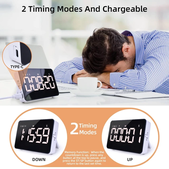 Alt view image 2 of 7 - Rechargeable Digital Kitchen Timer for Cooking, Magnetic Timers with Countdown/up, Kids Timer with 5LED Display 3 Brightness 4 Volume Adjustable for Classroom/Office/Home/Work/Study/Fitness/Game