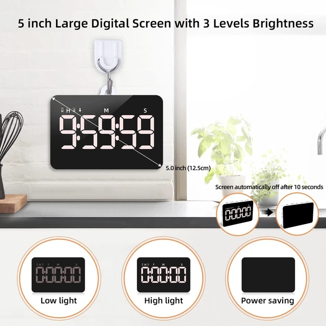 Alt view image 3 of 7 - Rechargeable Digital Kitchen Timer for Cooking, Magnetic Timers with Countdown/up, Kids Timer with 5LED Display 3 Brightness 4 Volume Adjustable for Classroom/Office/Home/Work/Study/Fitness/Game