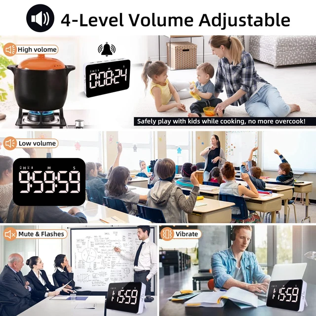 Alt view image 4 of 7 - Rechargeable Digital Kitchen Timer for Cooking, Magnetic Timers with Countdown/up, Kids Timer with 5LED Display 3 Brightness 4 Volume Adjustable for Classroom/Office/Home/Work/Study/Fitness/Game