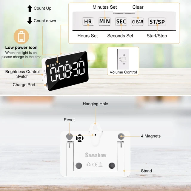 Alt view image 6 of 7 - Rechargeable Digital Kitchen Timer for Cooking, Magnetic Timers with Countdown/up, Kids Timer with 5LED Display 3 Brightness 4 Volume Adjustable for Classroom/Office/Home/Work/Study/Fitness/Game