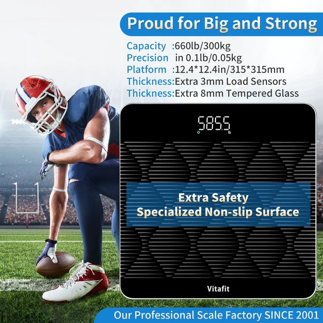 Alt view image 2 of 7 - 660lb Smart Bathroom Scale for Body Weight Accuracy 0.1lb,LED,Black | Professional Factory Since 2001 Digital Weight Scale BMI via APP, 8mm Non-Slip Tempered Glass 12.4" x 12.4", 3xAAA Included