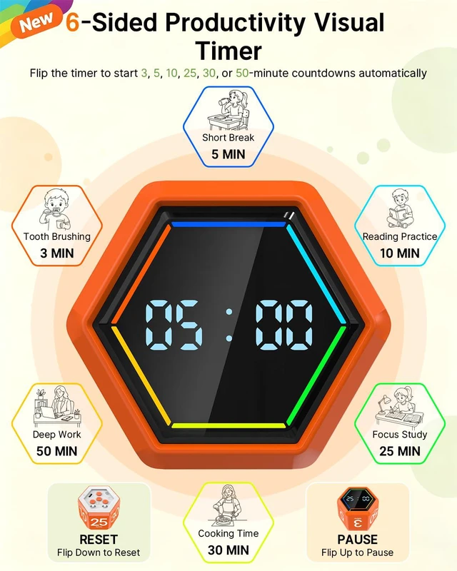 Alt view image 2 of 7 - Rotating Pomodoro Timer Cube 3/5/10/25/30/50 min with Colorful Visual Bar | Desk Productivity Flip Timer for Kids Adults, Vibration/Silent/Sound, Adjustable Volume, for ADHD Study Work, Orange
