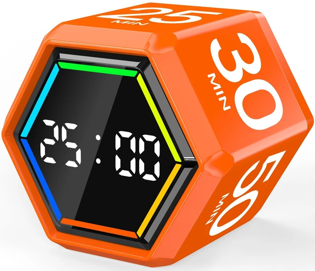 Main image of Rotating Pomodoro Timer Cube 3/5/10/25/30/50 min with Colorful Visual Bar | Desk Productivity Flip Timer for Kids Adults, Vibration/Silent/Sound, Adjustable Volume, for ADHD Study Work, Orange