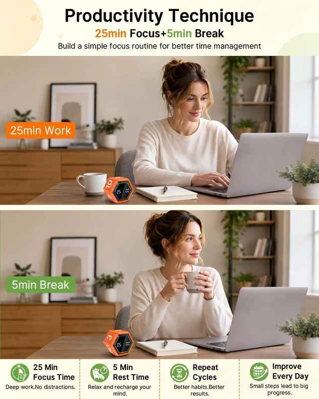 Alt view image 3 of 7 - Rotating Pomodoro Timer Cube 3/5/10/25/30/50 min with Colorful Visual Bar | Desk Productivity Flip Timer for Kids Adults, Vibration/Silent/Sound, Adjustable Volume, for ADHD Study Work, Orange