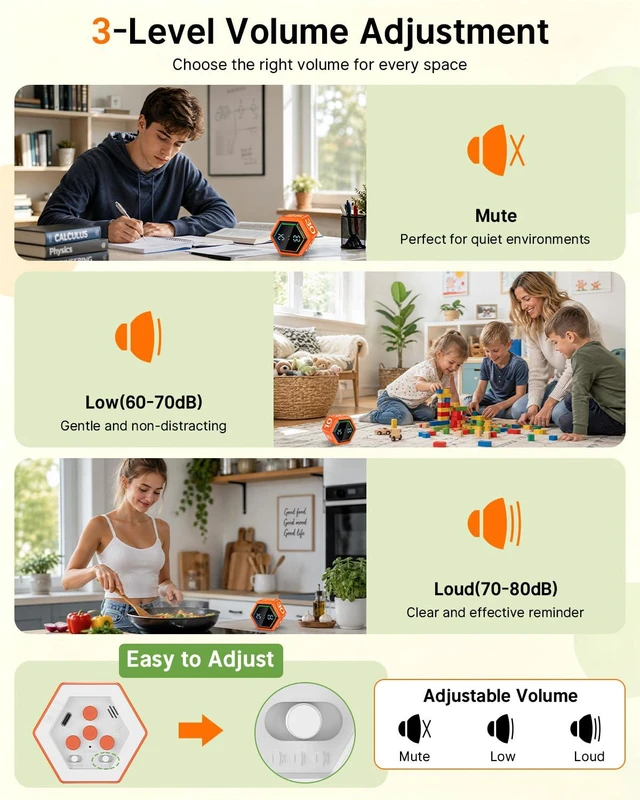 Alt view image 4 of 7 - Rotating Pomodoro Timer Cube 3/5/10/25/30/50 min with Colorful Visual Bar | Desk Productivity Flip Timer for Kids Adults, Vibration/Silent/Sound, Adjustable Volume, for ADHD Study Work, Orange
