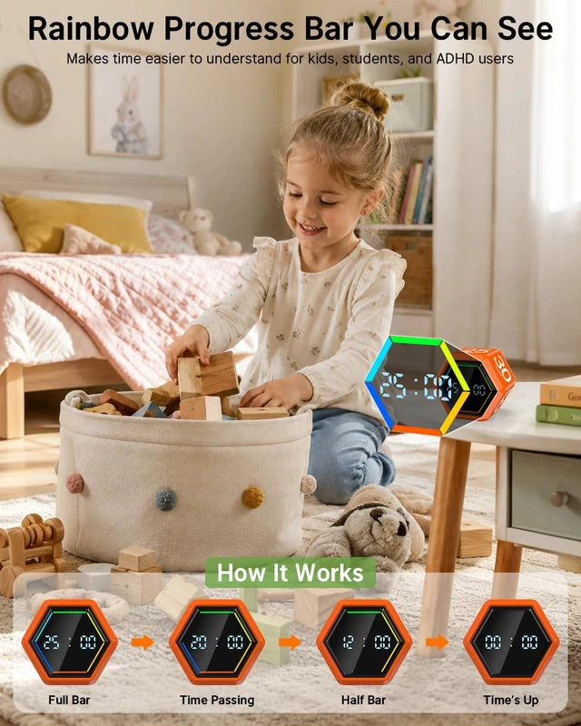 Alt view image 6 of 7 - Rotating Pomodoro Timer Cube 3/5/10/25/30/50 min with Colorful Visual Bar | Desk Productivity Flip Timer for Kids Adults, Vibration/Silent/Sound, Adjustable Volume, for ADHD Study Work, Orange